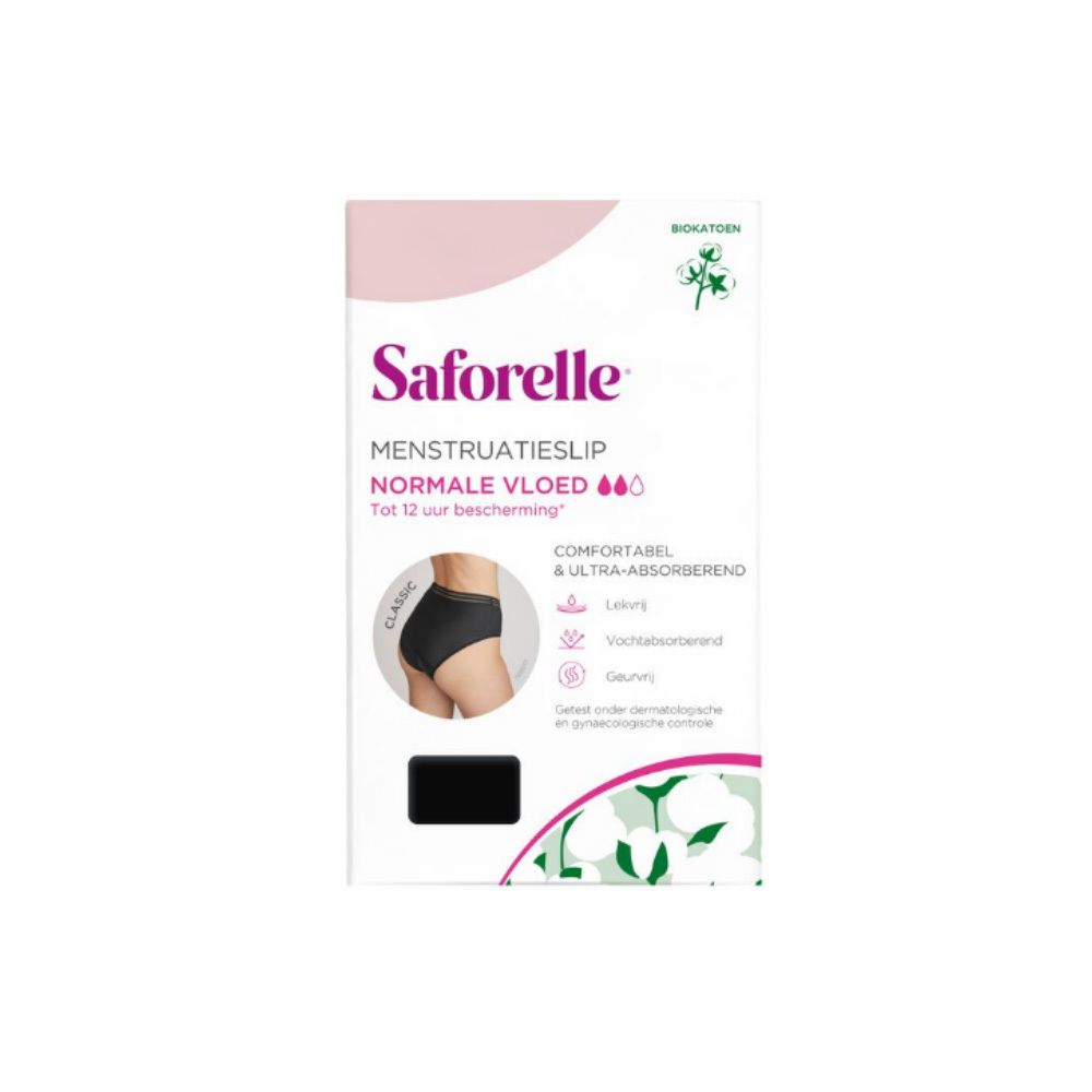 Verpakking Saforelle menstruatieslip, normale vloed, bio katoen. Maat 34-36. Zwarte slip afgebeeld.