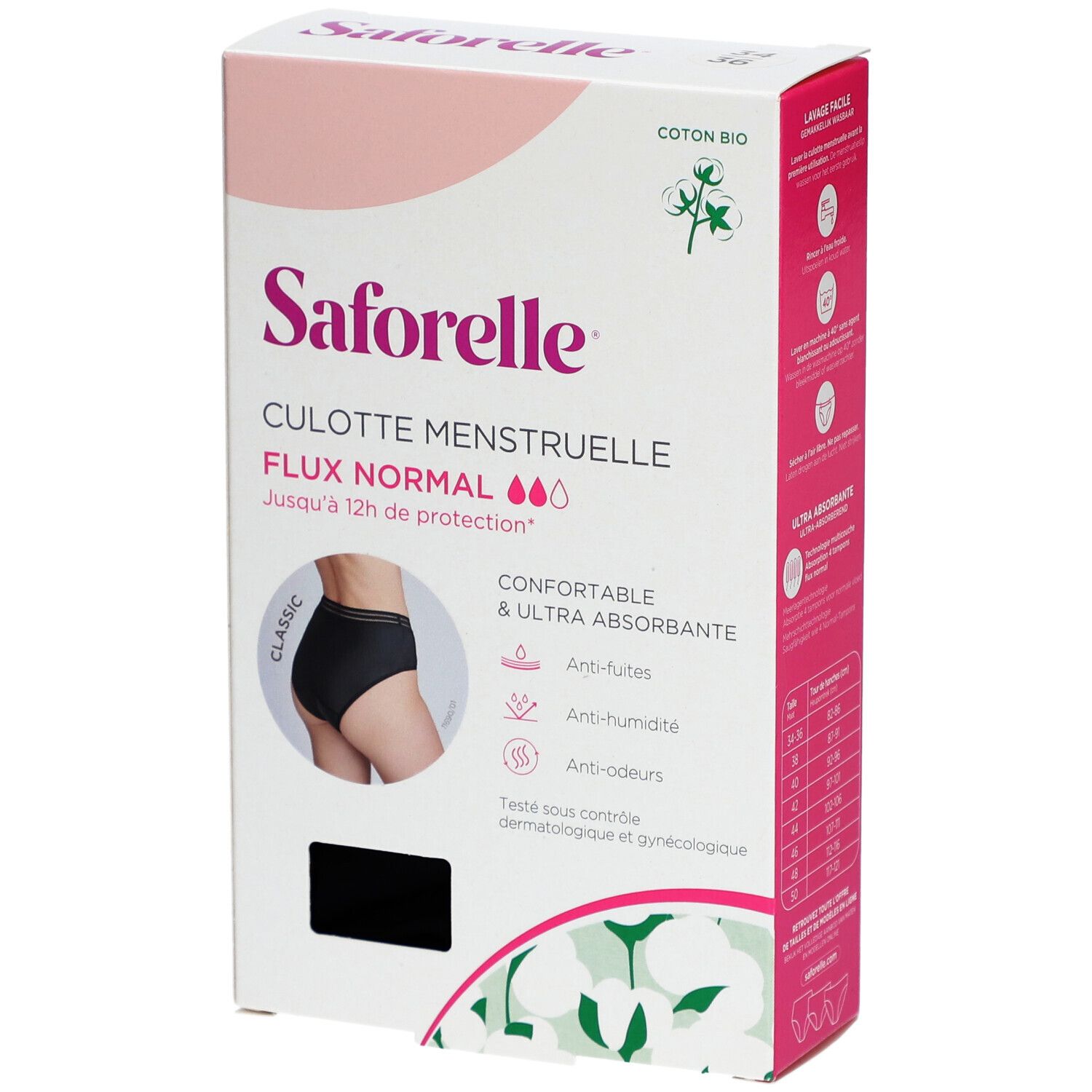 Verpakking Saforelle menstruatieslip, normale vloed, bio katoen. Maat 34-36. Zwarte slip afgebeeld.