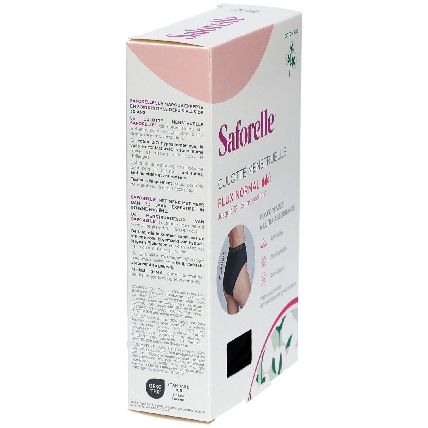 Verpakking Saforelle menstruatieslip, normale vloed. Details: anti-lek, anti-vocht, anti-geur. Tot 12 uur bescherming.