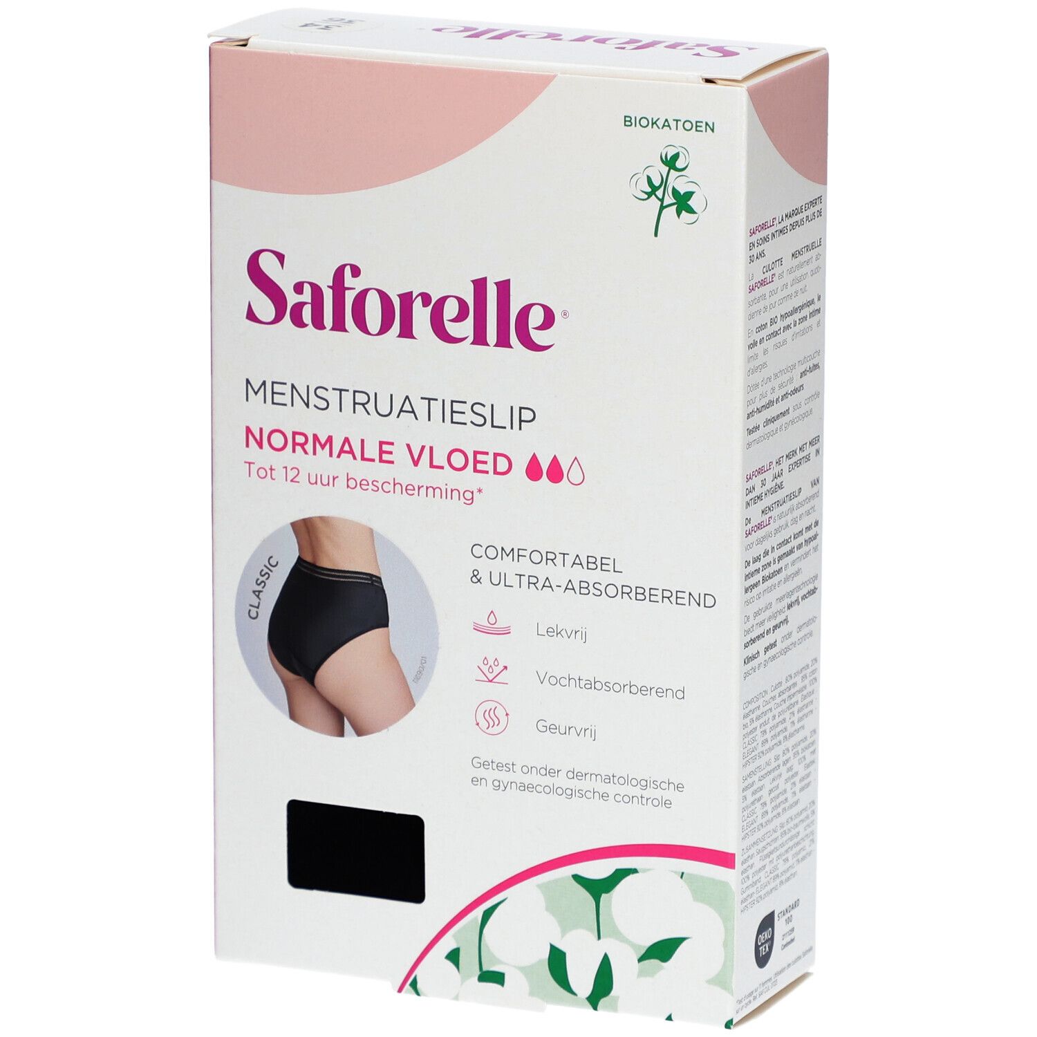 Verpakking Saforelle menstruatieslip, normale vloed. Details: anti-lek, anti-vocht, anti-geur. Tot 12 uur bescherming.