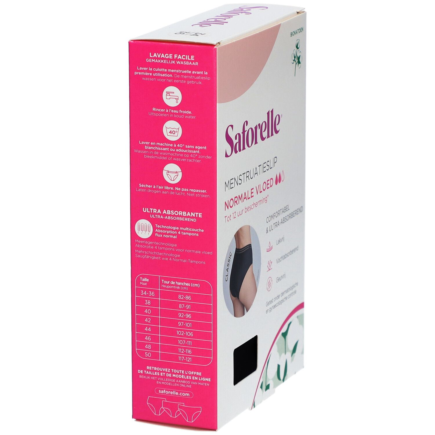 Verpakking Saforelle menstruatieslip, normale vloed. Maattabel. Wasvoorschriften.