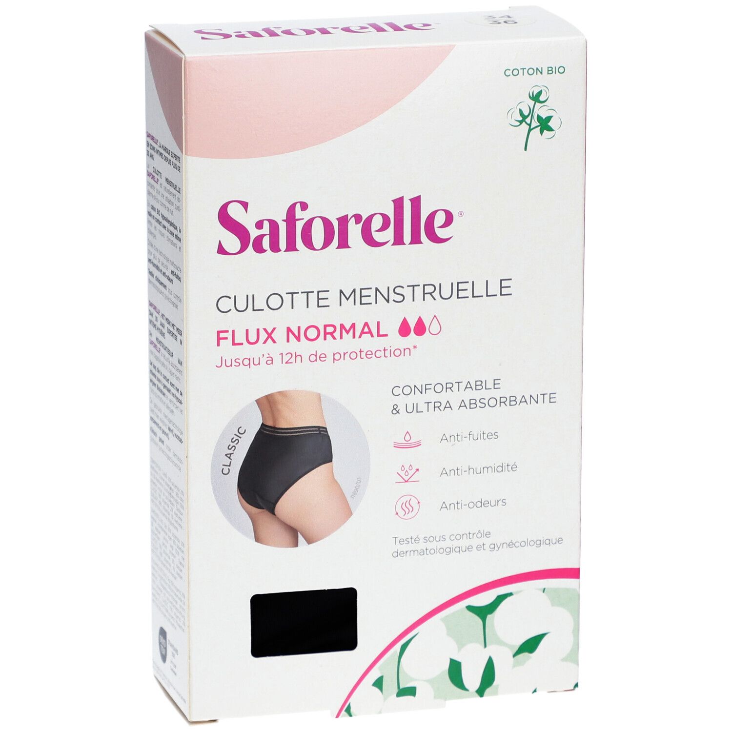 Verpakking Saforelle menstruatieslip, normale vloed, bio katoen. Maat 34-36. Zwarte slip afgebeeld.