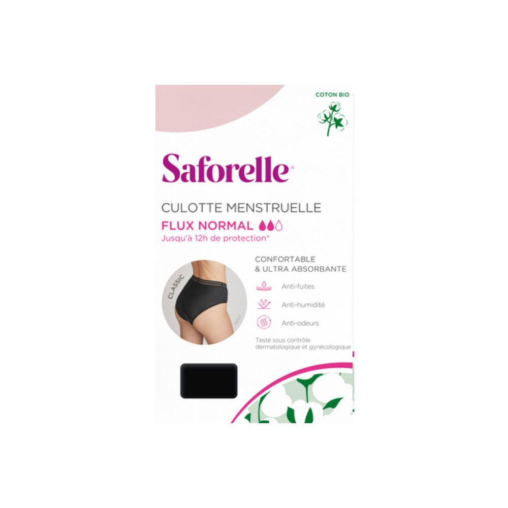 Culotte menstruelle Seforelle, taille 38, en boîte. Inscription : Culotte Menstruelle Flux Normal. Visuel : slip noir.