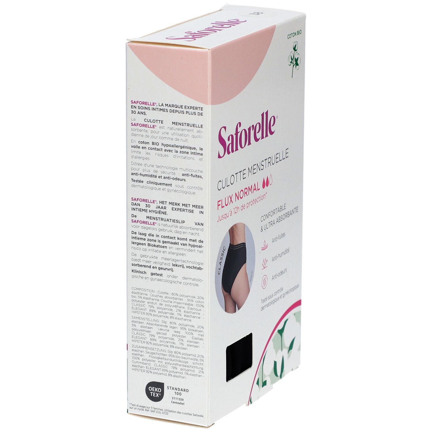 Culotte menstruelle Seforelle, taille 38, en boîte. Arrière avec texte et illustrations. Inscription : Flux Normal.