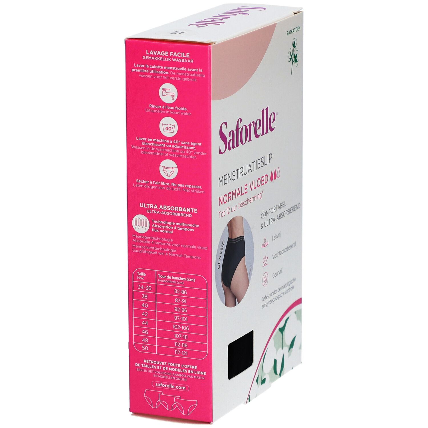 Culotte menstruelle Seforelle, taille 38, en boîte. Arrière avec instructions de lavage et tableau des tailles. Inscription : Normale Vloed.