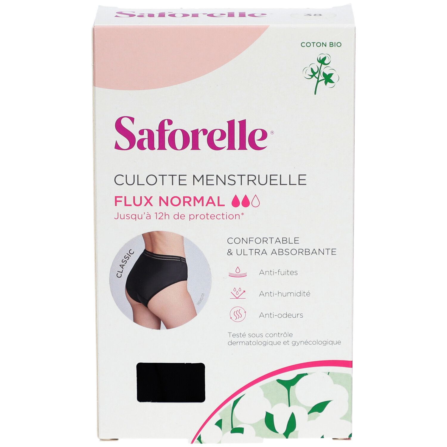 Culotte menstruelle Seforelle, taille 38, en boîte. Inscription : Culotte Menstruelle Flux Normal. Visuel : slip noir.
