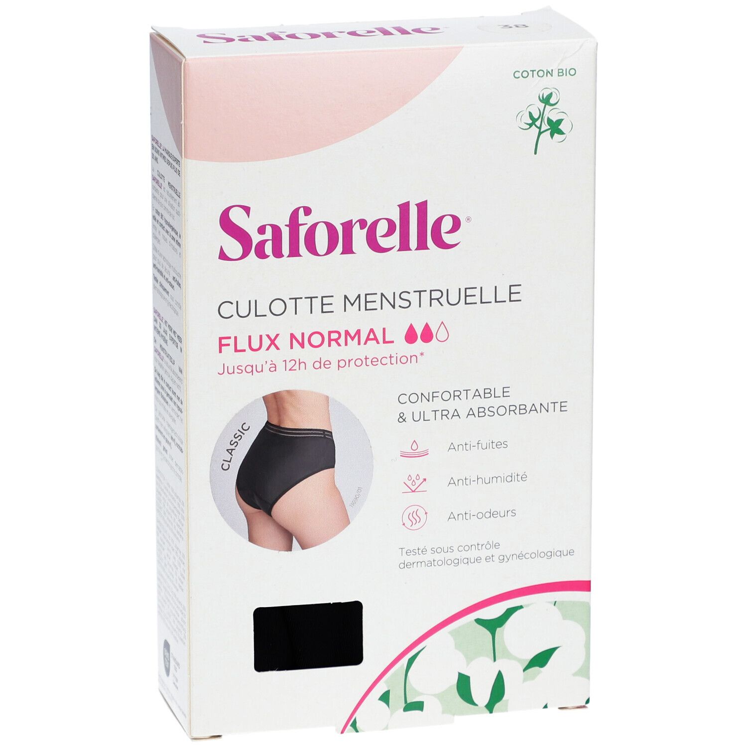 Culotte menstruelle Seforelle, taille 38, en boîte. Inscription : Culotte Menstruelle Flux Normal. Visuel : slip noir.