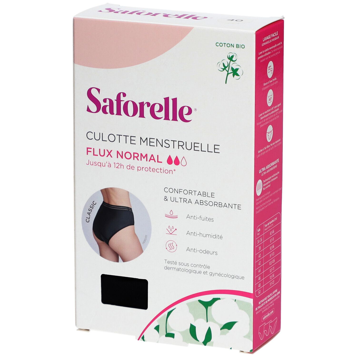 Verpackung mit Menstruationsslip. Marke: Saforelle. Text: Culotte Menstruelle, Flux Normal. Baumwolle. Größe 40.