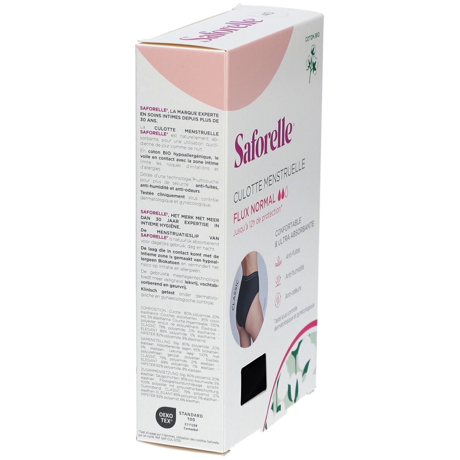 Verpackung Menstruationsslip Saforelle. Text: Culotte Menstruelle, Flux Normal. Baumwolle. Zertifizierung: Oeko-Tex Standard 100.