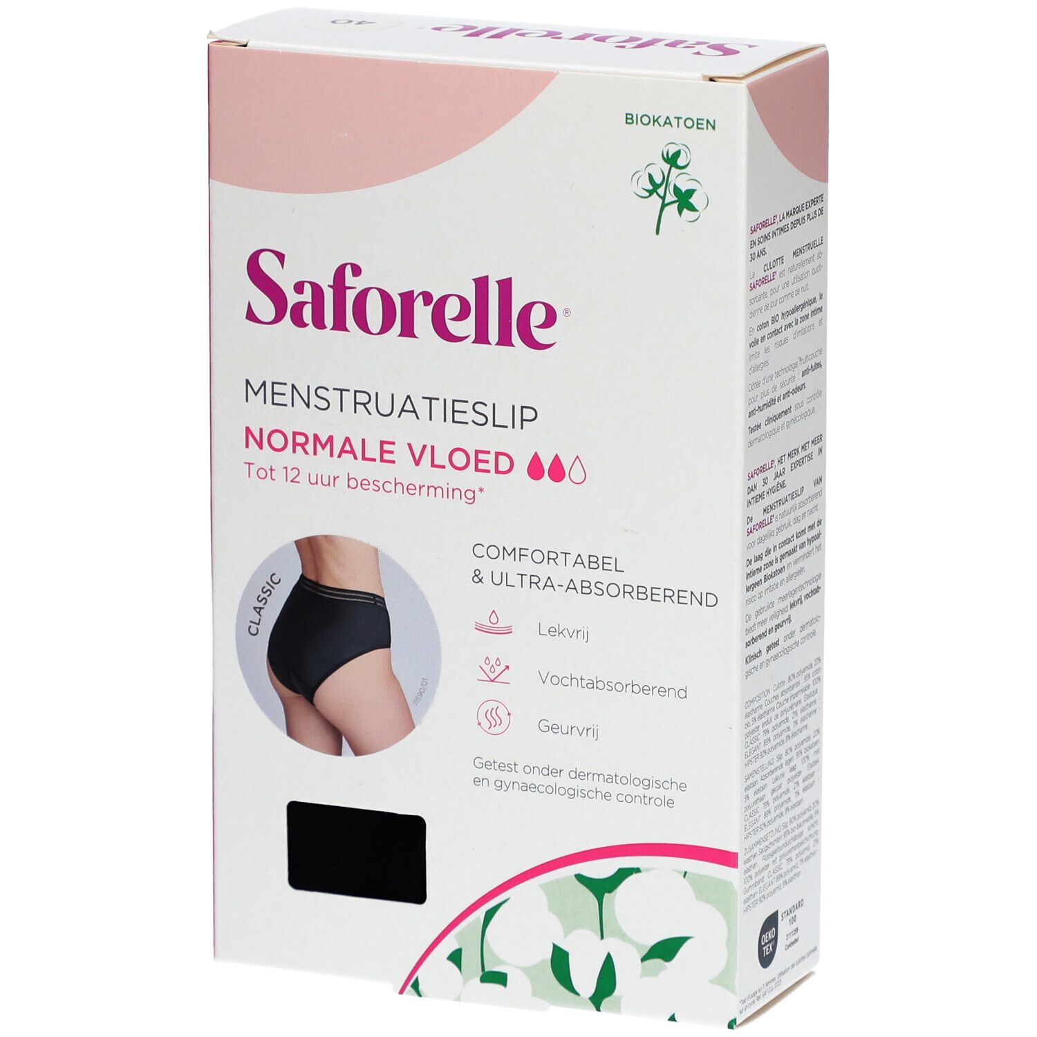 Verpackung Menstruationsslip Saforelle. Text: Menstruatieslip, Normale Vloed. Biokatoen. Größe 40. Komfortabel & ultra-absorbierend.