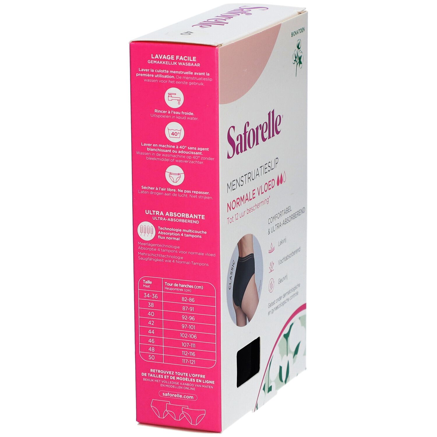 Verpackung Menstruationsslip Saforelle. Text: Menstruatieslip, Normale Vloed. Biokatoen. Größenangaben. Waschhinweise.