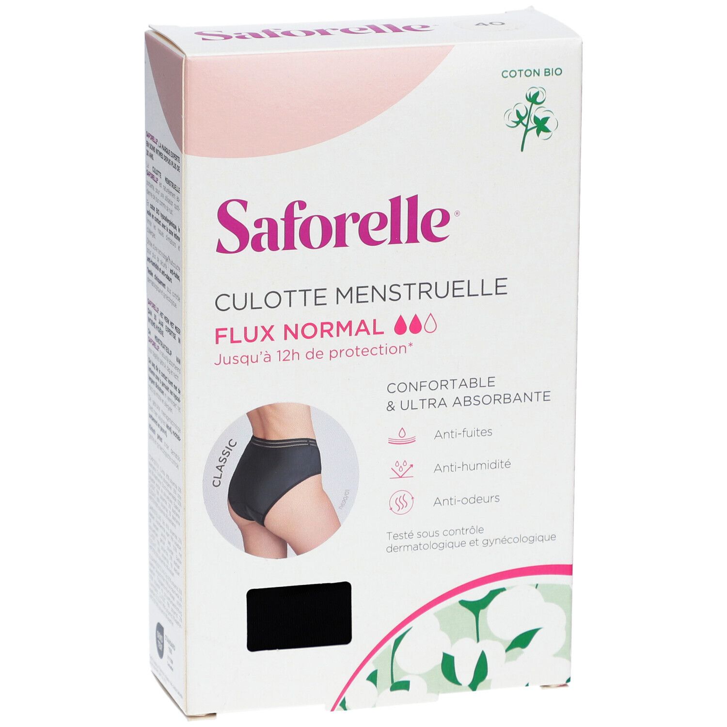 Verpackung Menstruationsslip Saforelle. Text: Culotte Menstruelle, Flux Normal. Baumwolle. Größe 40. Anti-Auslaufen.