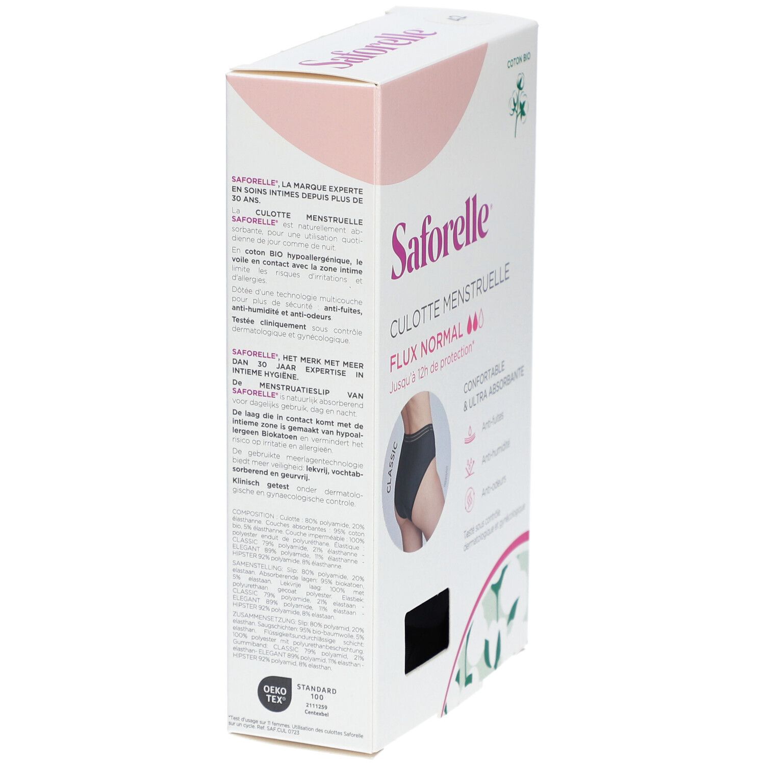 Verpackung Menstruationsslip Saforelle. Text und Illustrationen. Oeko-Tex Standard 100 Zertifizierung.
