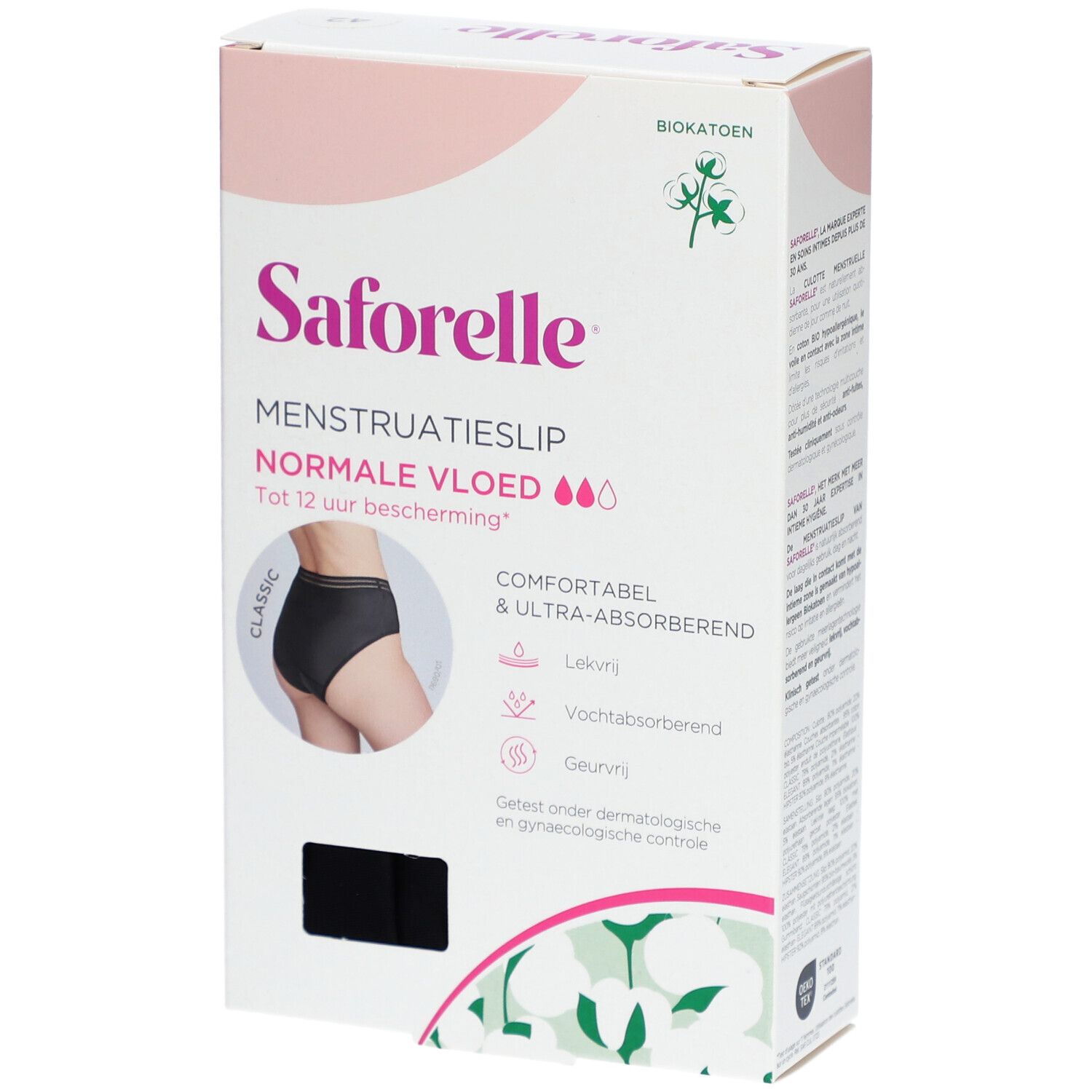 Verpackung Menstruationsslip Saforelle, Normale Vloed. Schwarzer Slip abgebildet. Biokatoen.