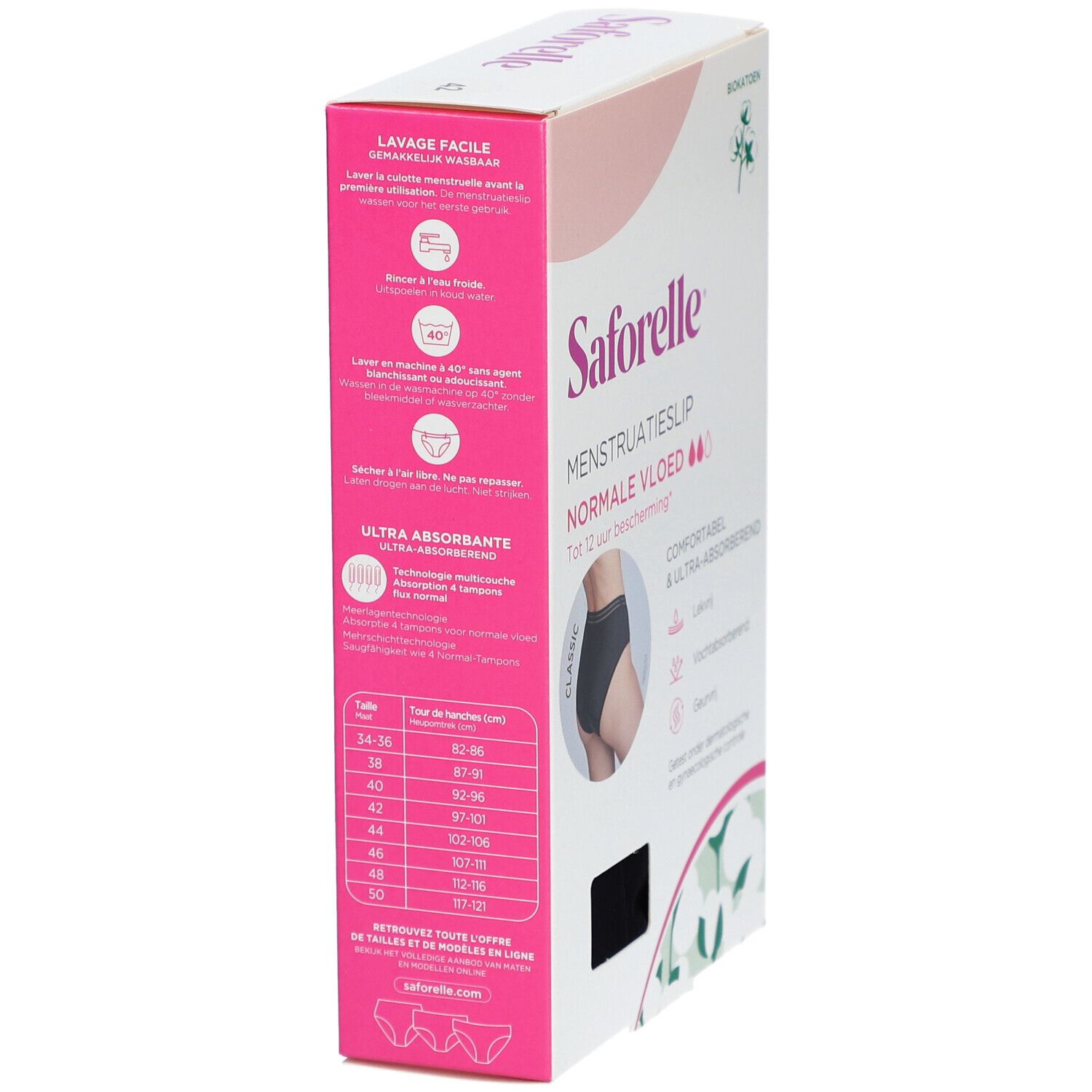 Verpackung Menstruationsslip Saforelle. Waschhinweise und Größentabelle. Größe 42.