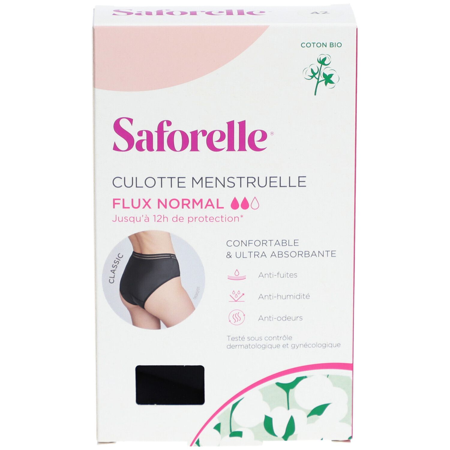 Verpackung Menstruationsslip Saforelle, Flux Normal. Schwarzer Slip abgebildet. Baumwolle.