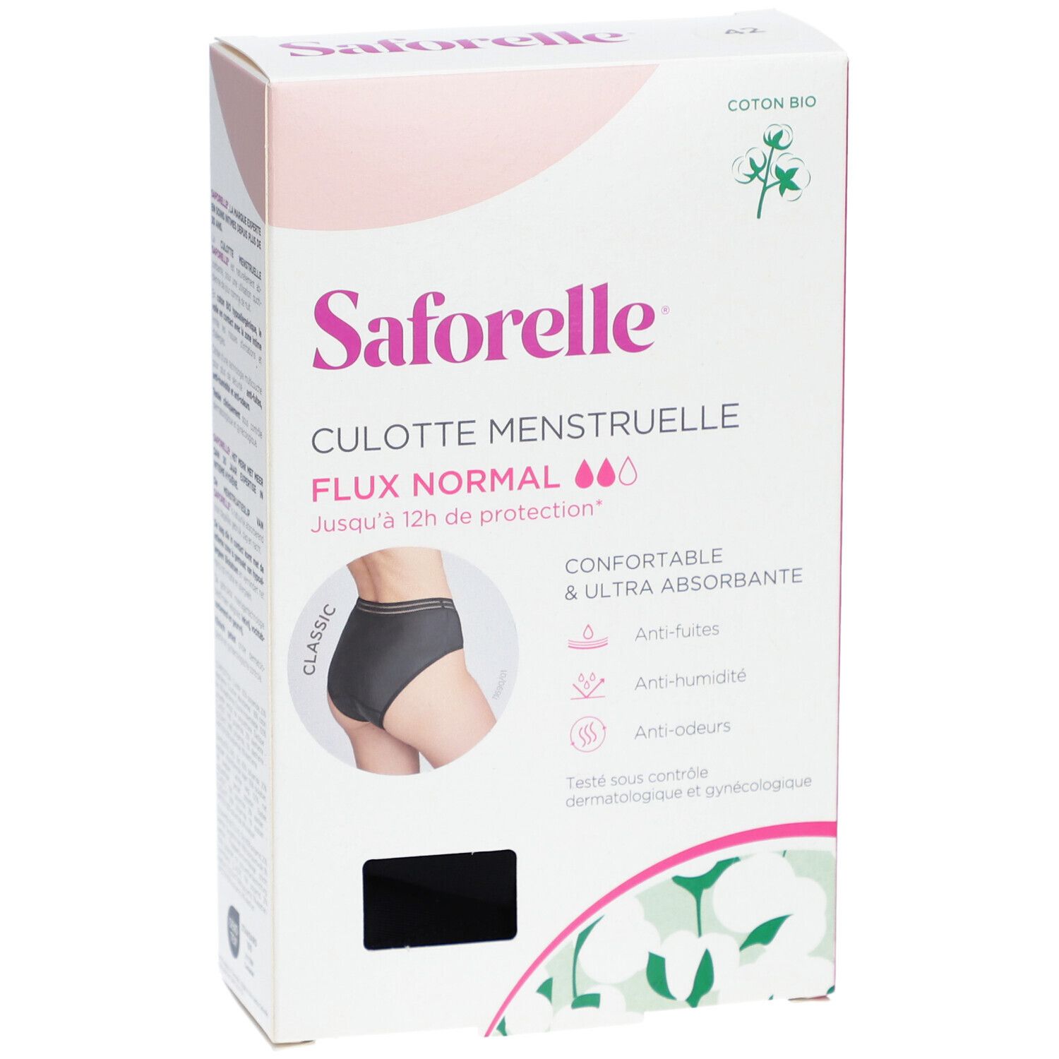 Verpackung Menstruationsslip Saforelle, Flux Normal. Schwarzer Slip abgebildet. Baumwolle.