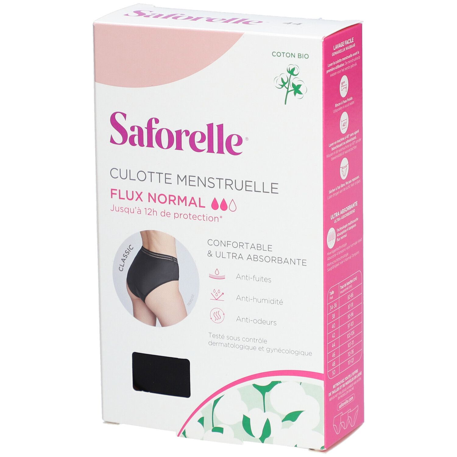 Verpackung mit Saforelle Menstruations-Slip, Normalfluss, Größe 44. Schwarze Unterhose abgebildet. Bio-Baumwolle.