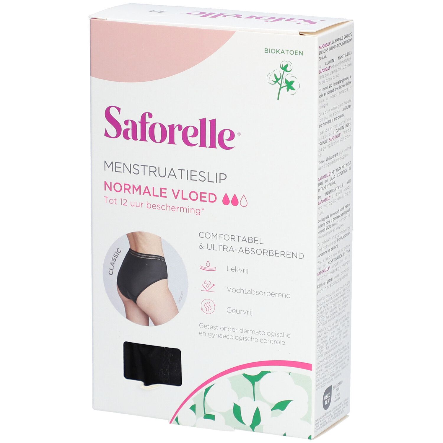 Verpackung Saforelle Menstruatieslip Normale Vloed. Schwarze Unterhose abgebildet. Biokatoen.
