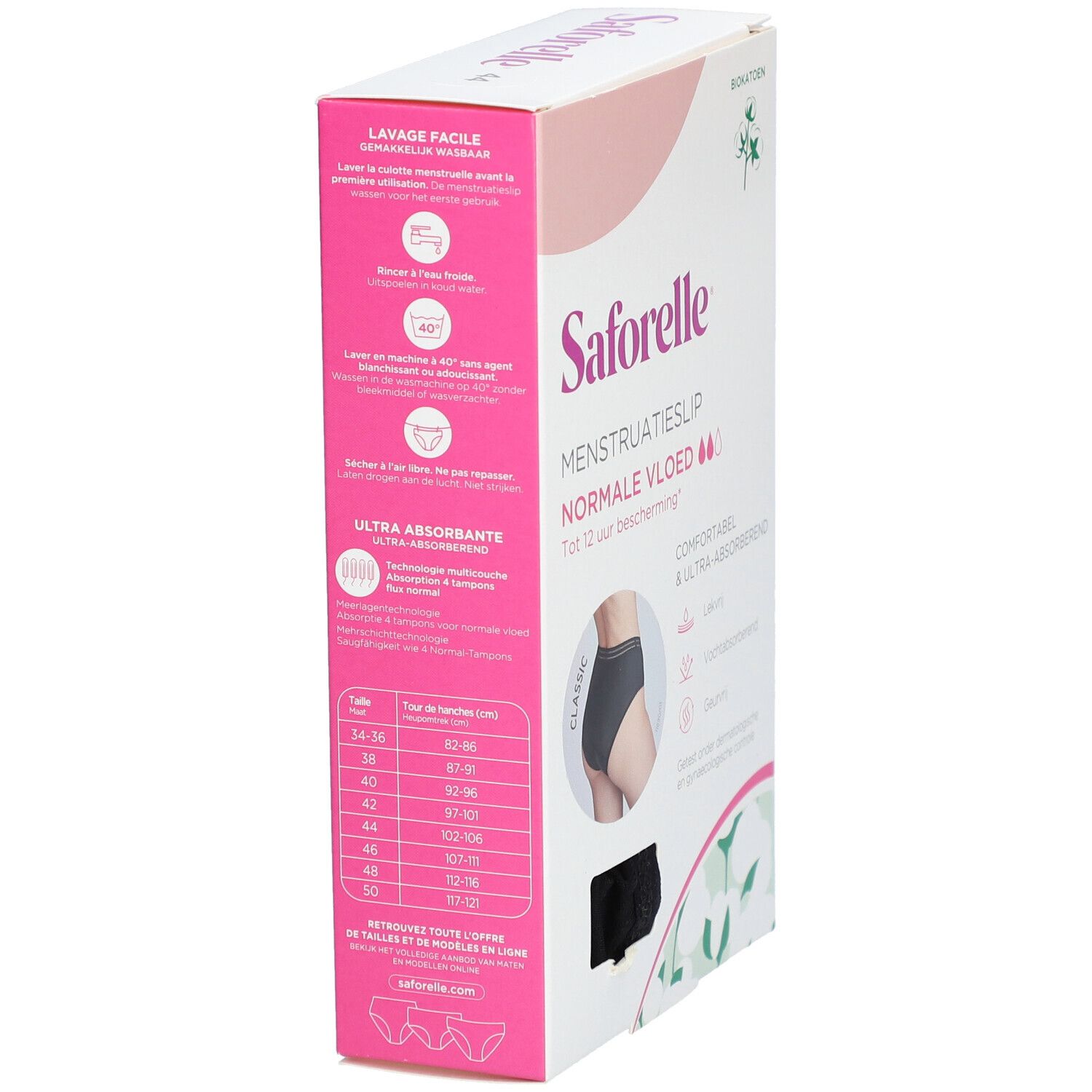 Verpackung Saforelle Menstruatieslip Normale Vloed. Größenangaben. Waschhinweise. Schwarze Unterhose abgebildet.