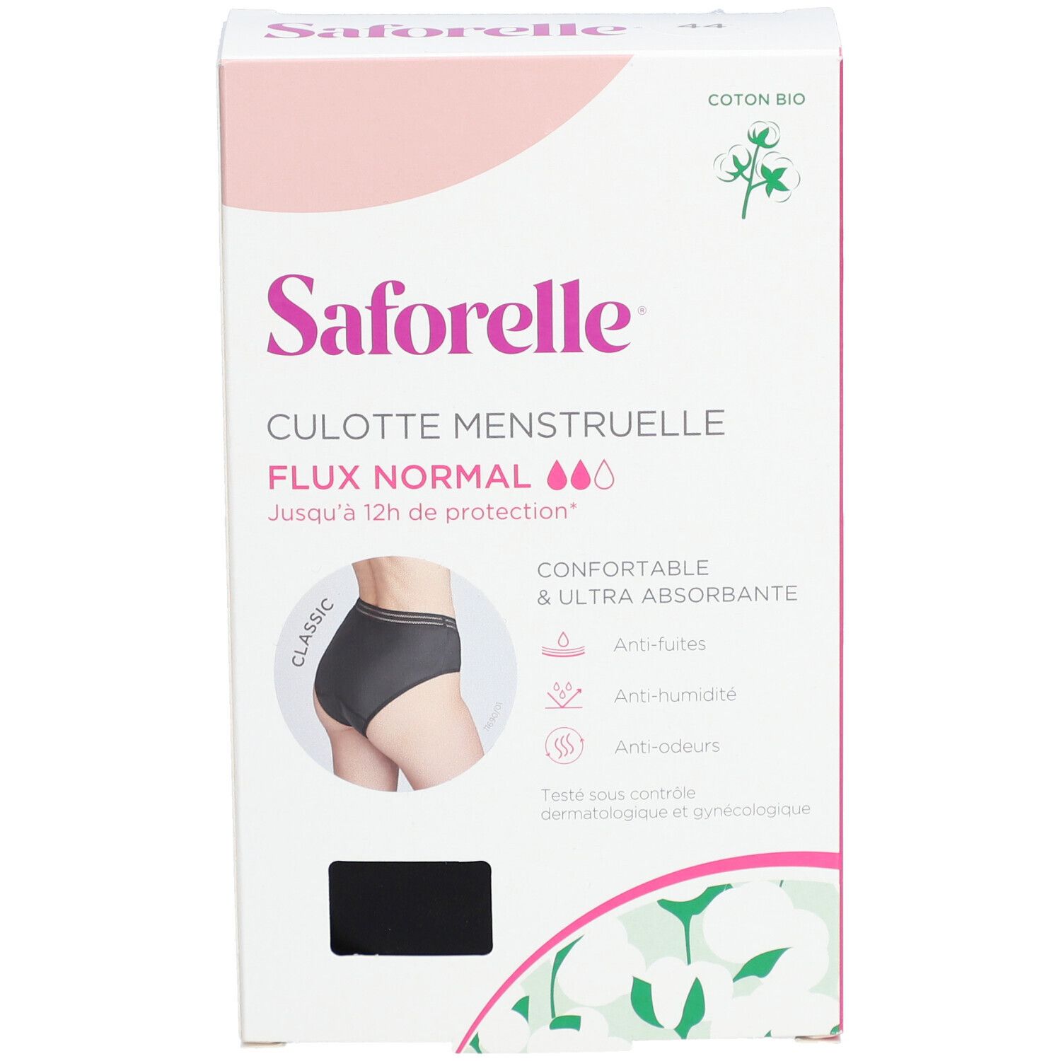 Verpackung Saforelle Culotte Menstruelle Flux Normal. Schwarze Unterhose abgebildet. Bio-Baumwolle.