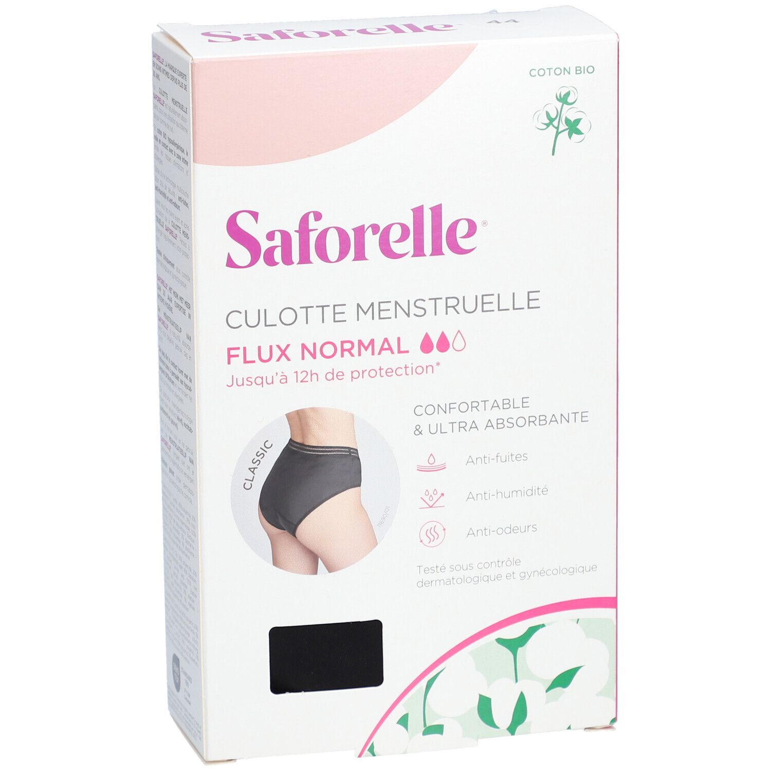 Verpackung Saforelle Culotte Menstruelle Flux Normal. Schwarze Unterhose abgebildet. Bio-Baumwolle.