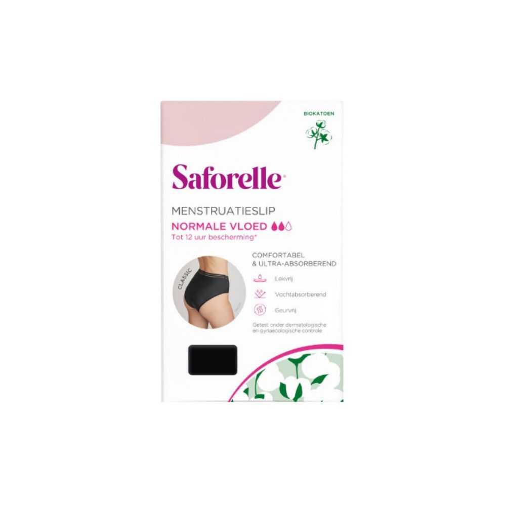 Verpakking van Saforelle menstruatieslip. Zwarte slip afgebeeld. Tekst: Normale vloed, tot 12 uur bescherming. Maat 46.