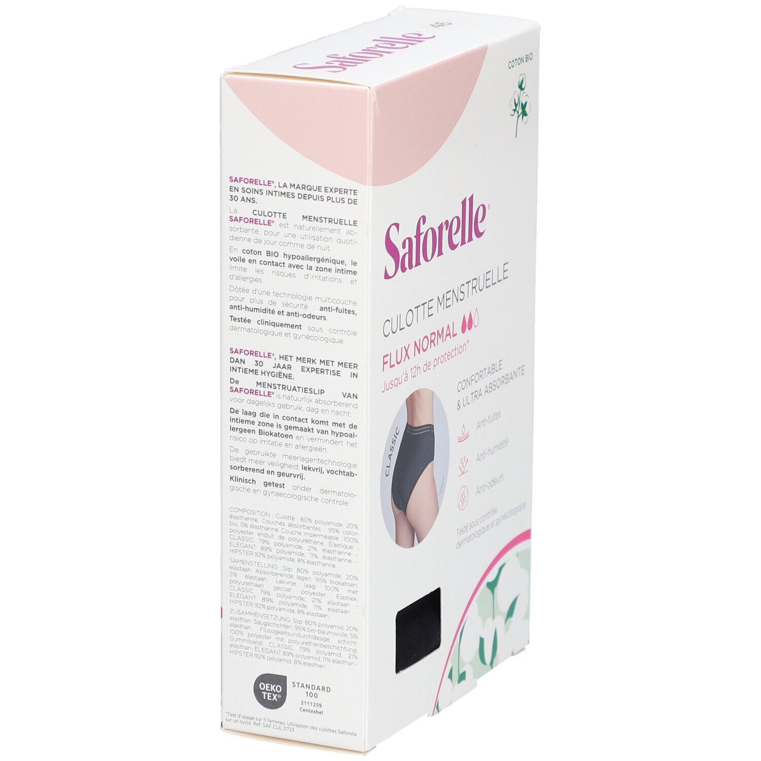 Achterkant van de Saforelle menstruatieslip verpakking. Tekst en illustraties. Oeko-Tex certificering. Maat 46.