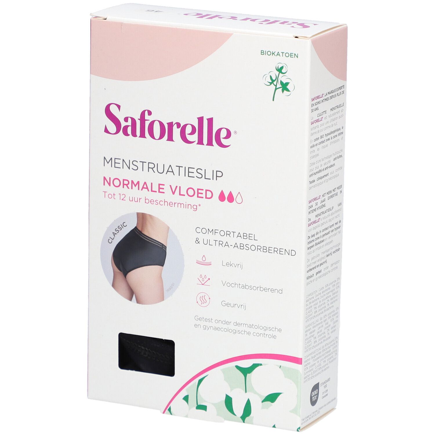 Verpakking van Saforelle menstruatieslip. Tekst: Normale vloed, tot 12 uur bescherming. Maat 46.