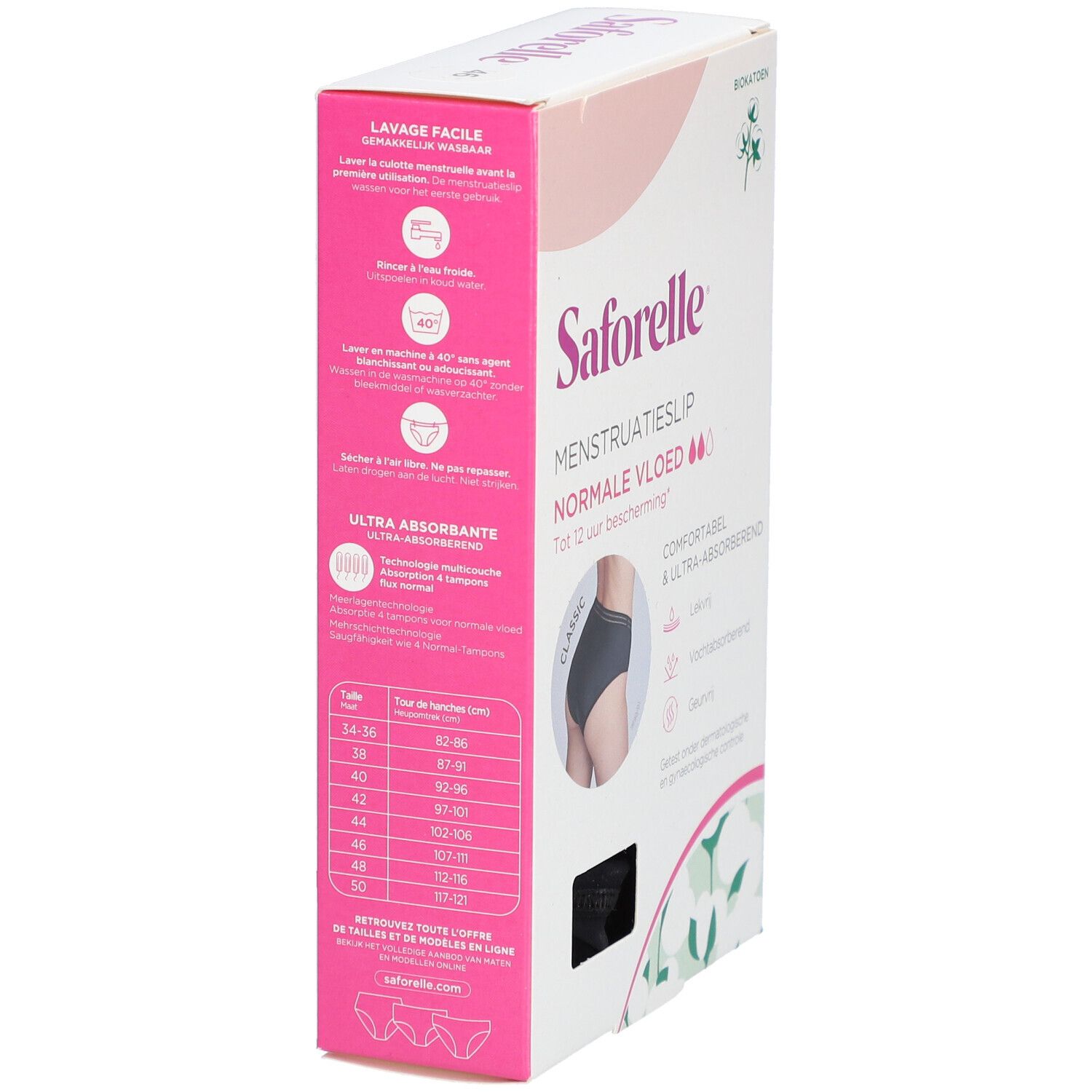 Zijkant van de Saforelle menstruatieslip verpakking. Wasvoorschriften en maattabel. Maat 46.
