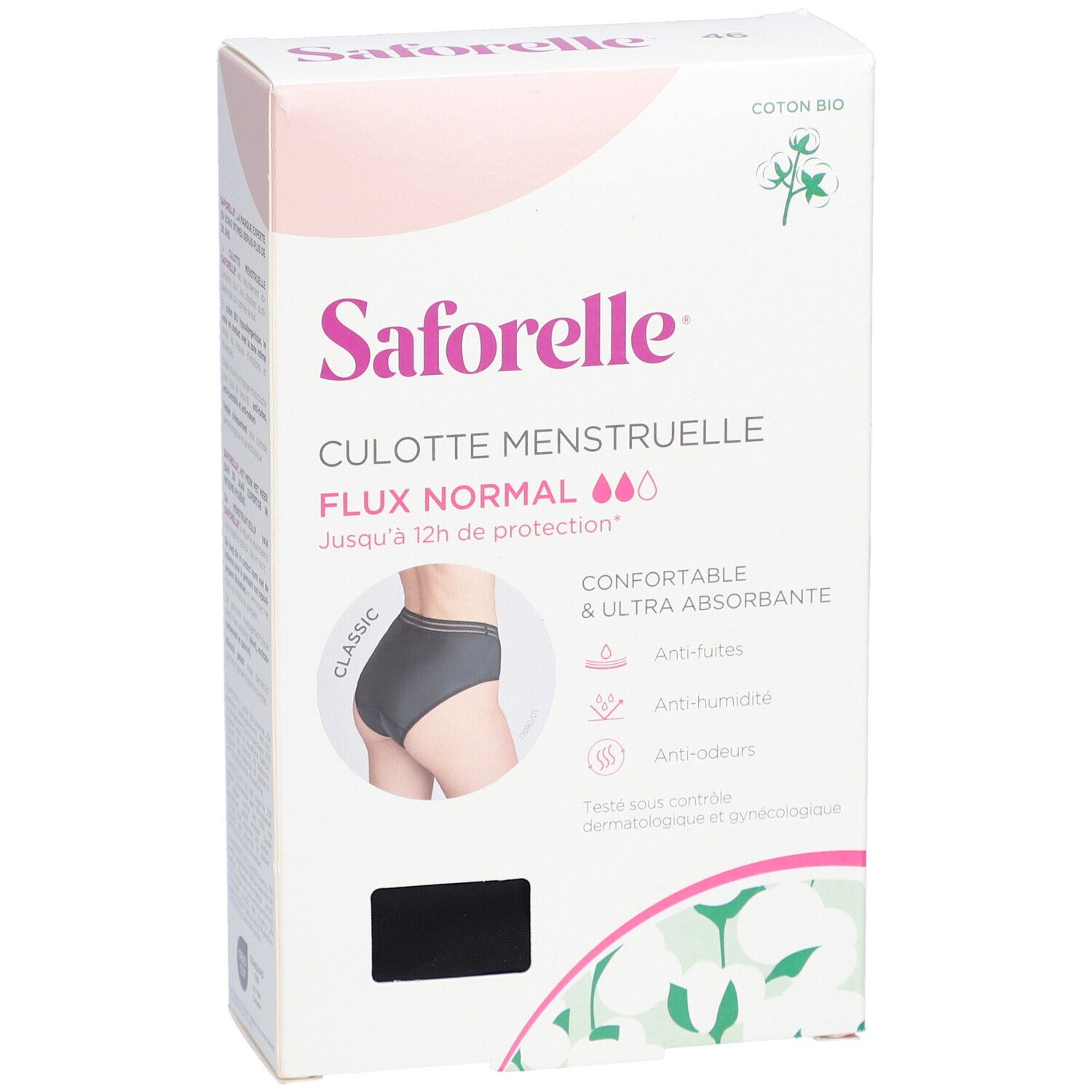 Verpakking van Saforelle menstruatieslip. Zwarte slip afgebeeld. Tekst: Normale vloed, tot 12 uur bescherming. Maat 46.