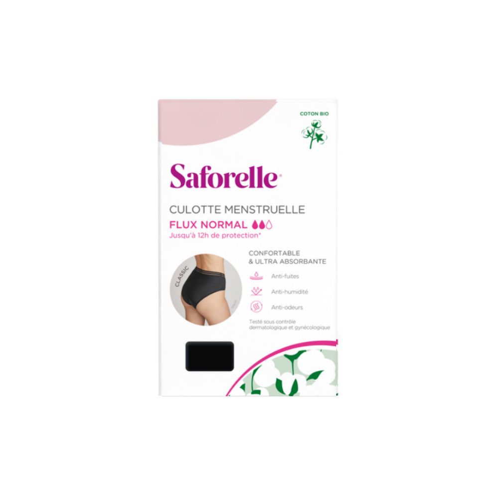 Boîte de culotte menstruelle Saforelle. Culotte noire. Texte: Flux Normal, jusqu'à 12h de protection.