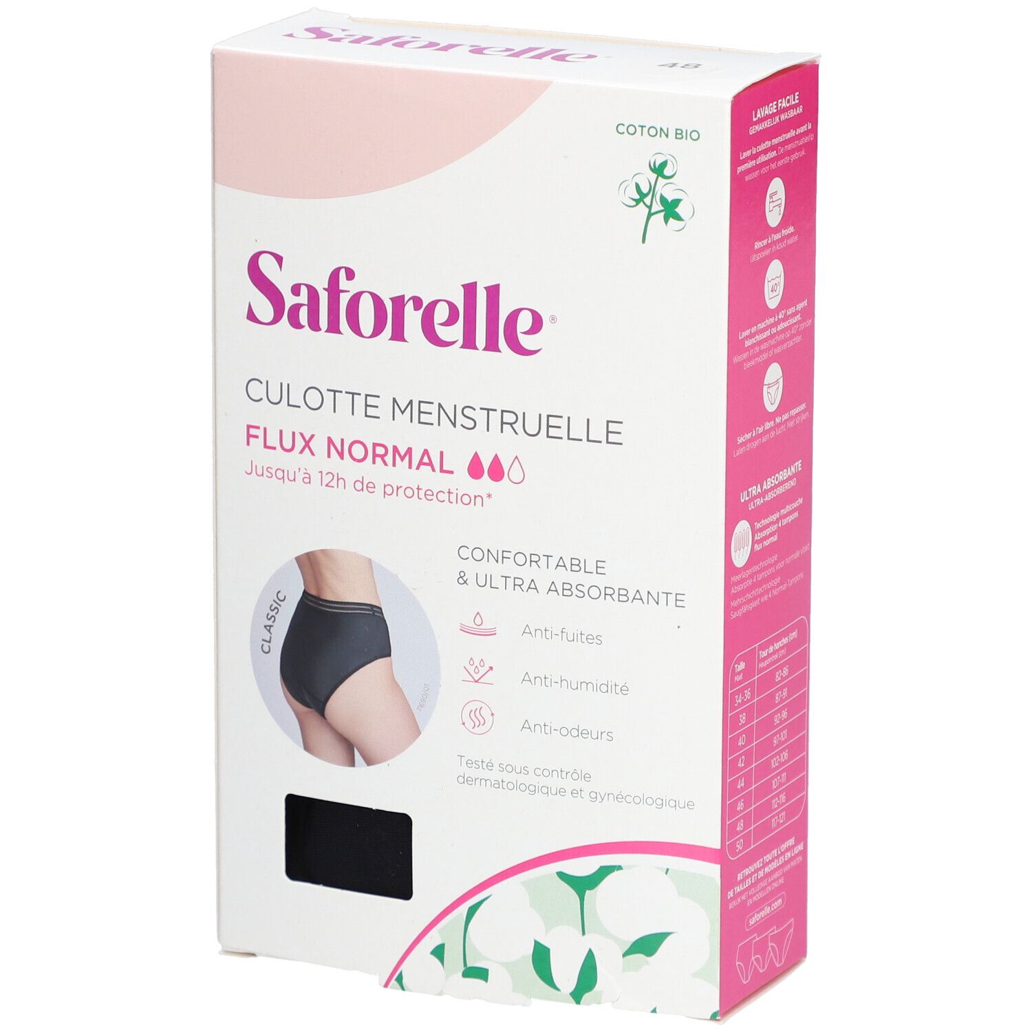 Boîte de culotte menstruelle Saforelle. Culotte noire. Texte: Flux Normal, jusqu'à 12h de protection.