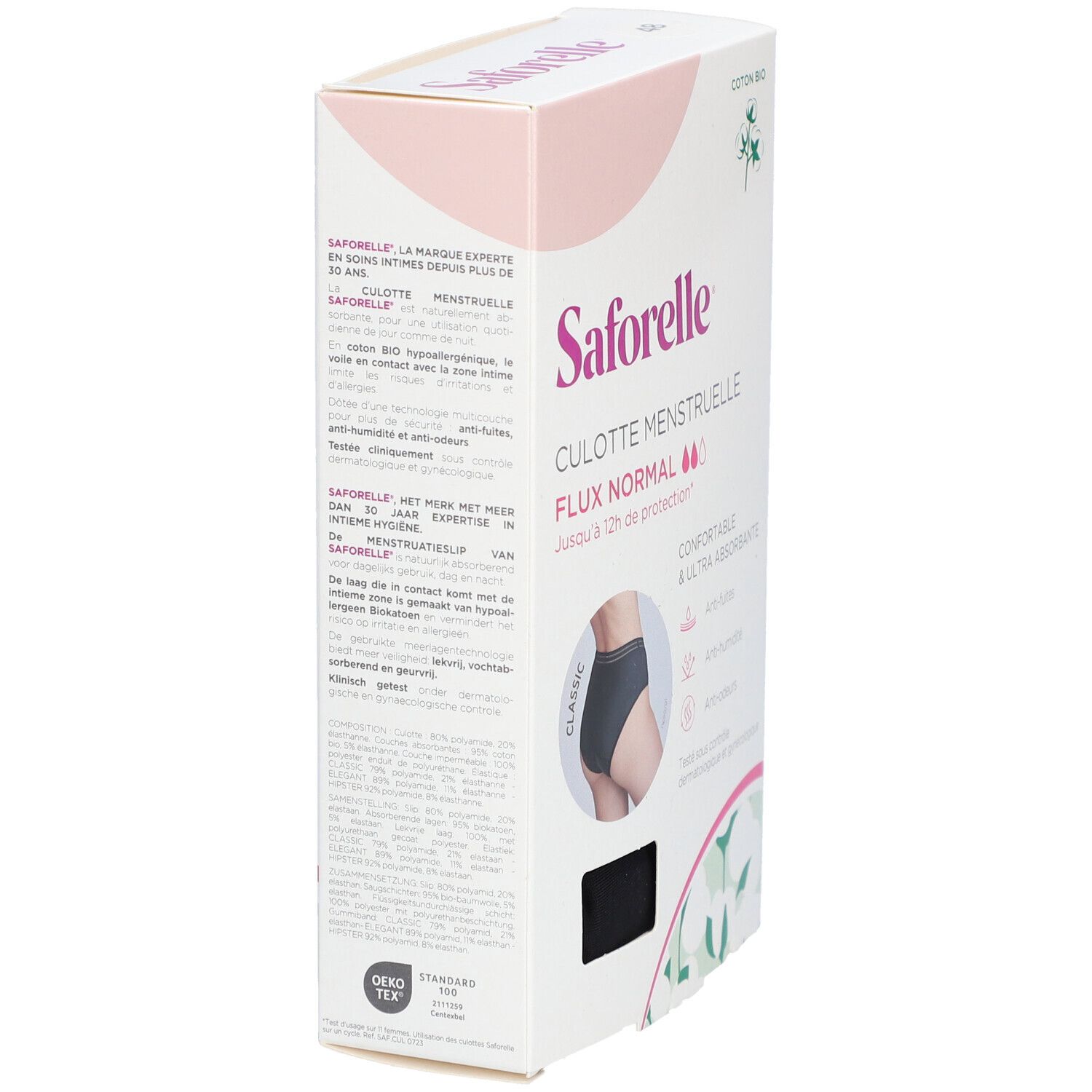 Boîte de culotte menstruelle Saforelle, vue latérale. Texte: Flux Normal, jusqu'à 12h de protection. Certification Öko-Tex.