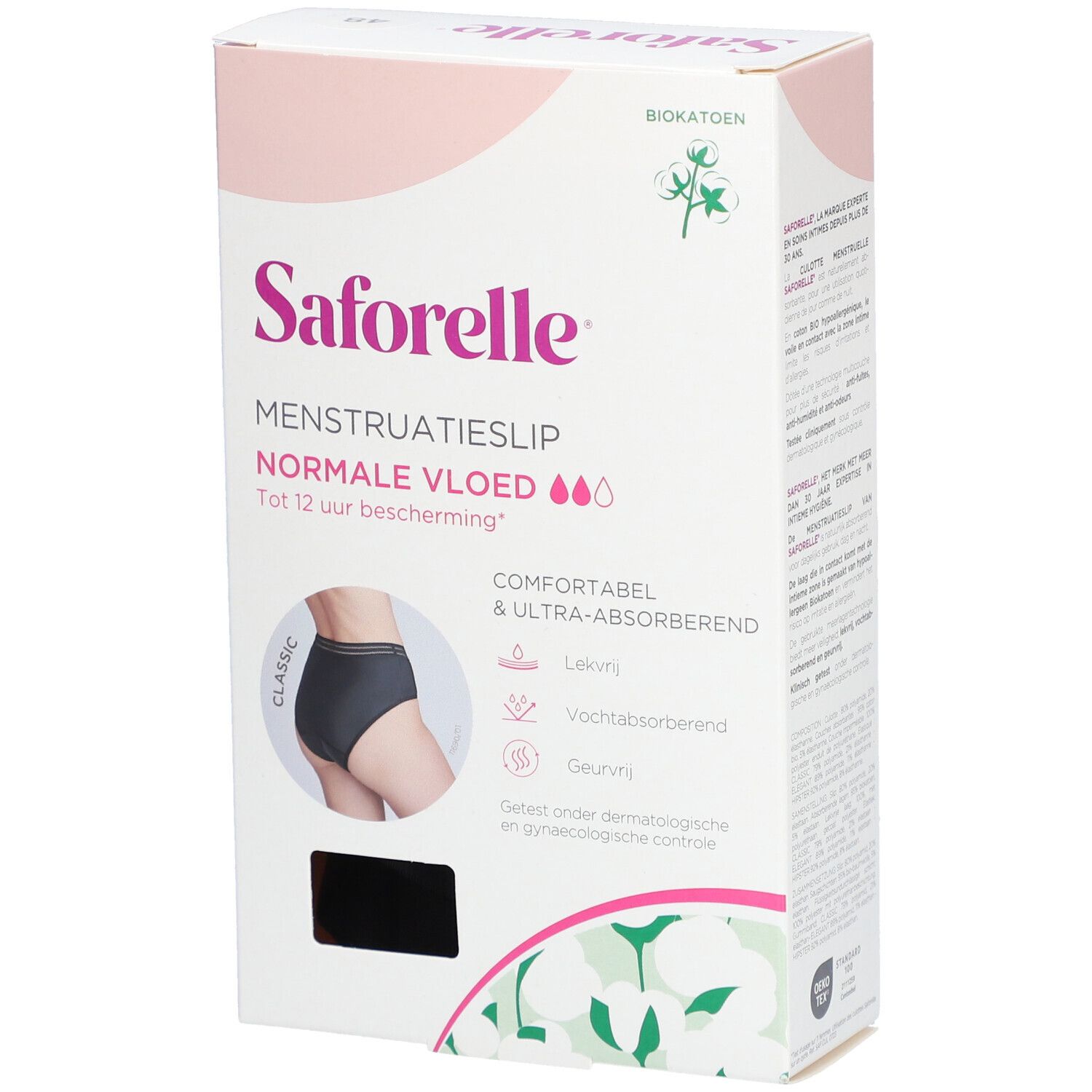 Boîte de culotte menstruelle Saforelle. Culotte noire. Texte: Flux Normal, jusqu'à 12h de protection.
