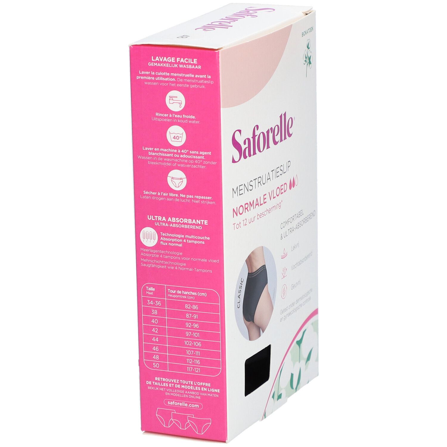 Boîte de culotte menstruelle Saforelle, vue latérale. Tableau des tailles. Texte: Flux Normal, jusqu'à 12h de protection.