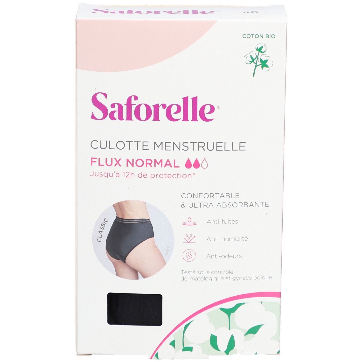 Boîte de culotte menstruelle Saforelle. Culotte noire. Texte: Flux Normal, jusqu'à 12h de protection.