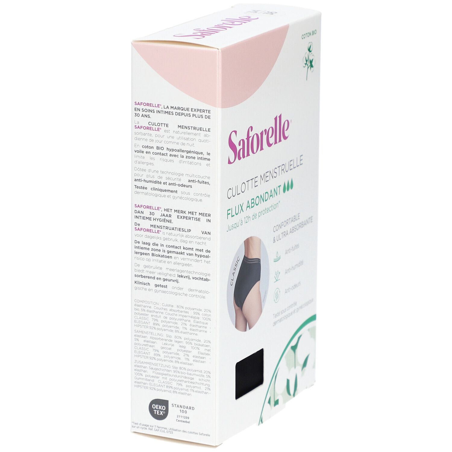 Boîte de culotte menstruelle noire Saforelle. Texte en français. Coton bio. Oeko-Tex Standard 100.