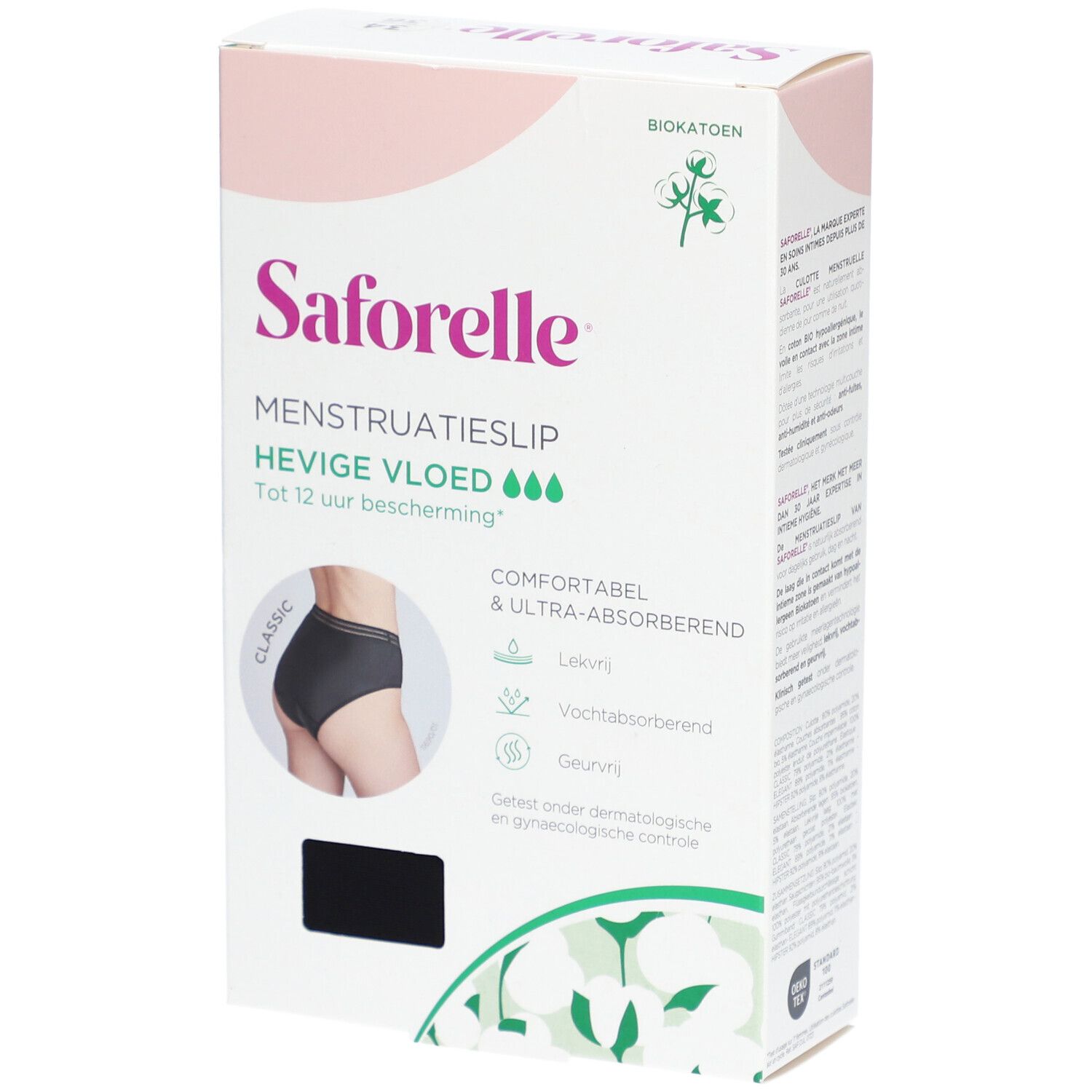 Boîte de slip menstruel noir Saforelle. Inscription: Menstruatieslip, hevige vloed. Jusqu'à 12h de protection.