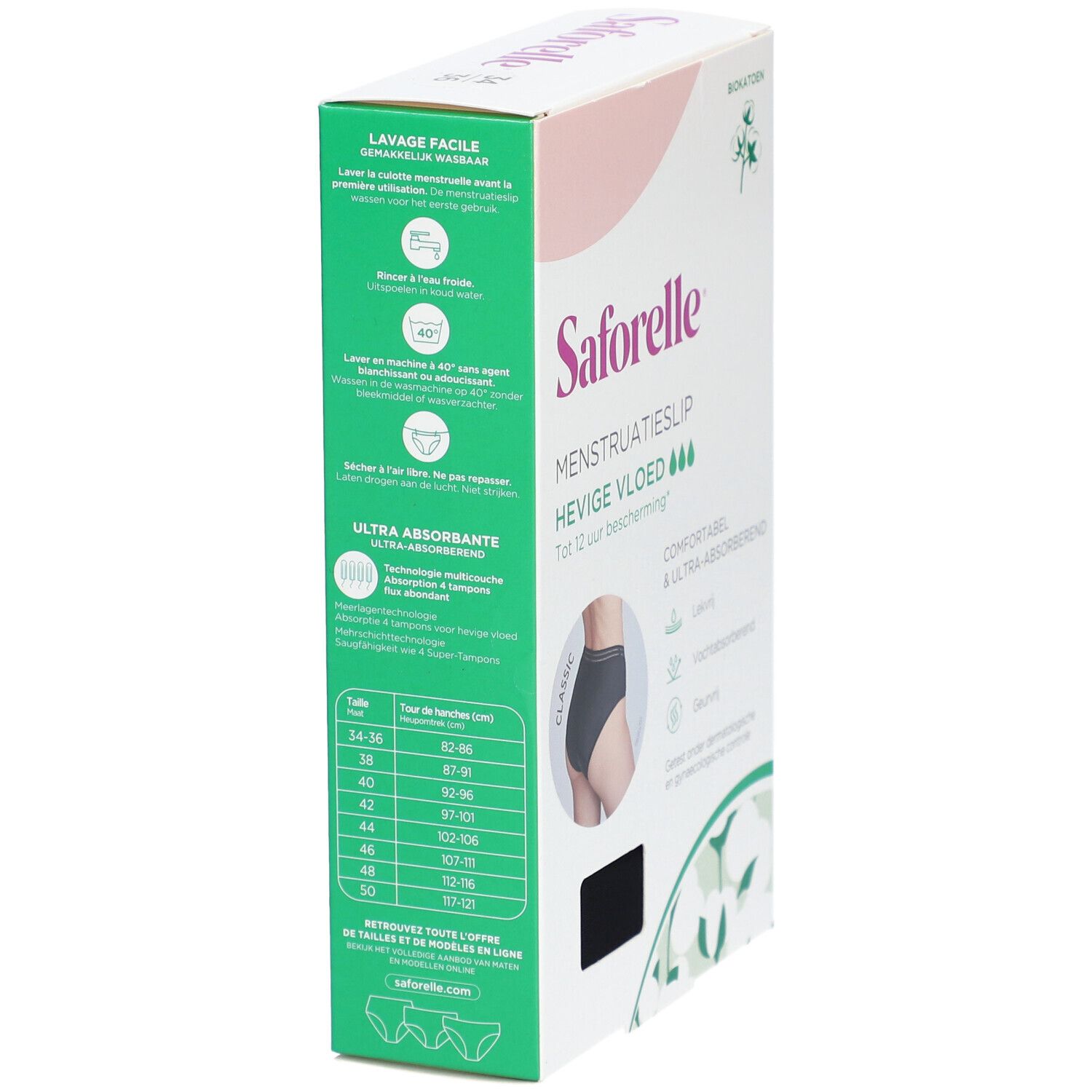 Boîte de slip menstruel noir Saforelle. Instructions de lavage. Tableau des tailles: 34-36 à 50-52.