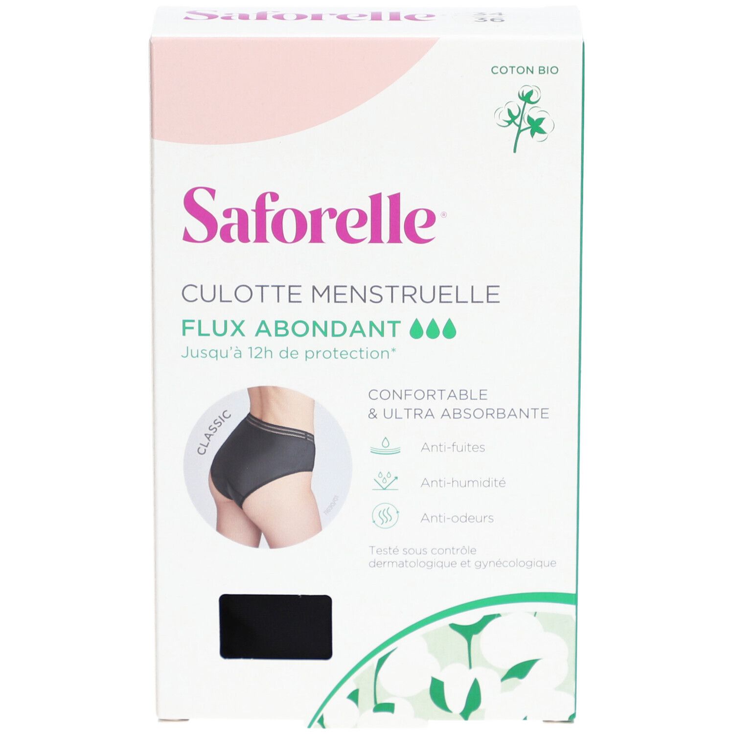 Boîte de culotte menstruelle noire Saforelle. Inscription: Culotte Menstruelle, Flux abondant. Coton bio.