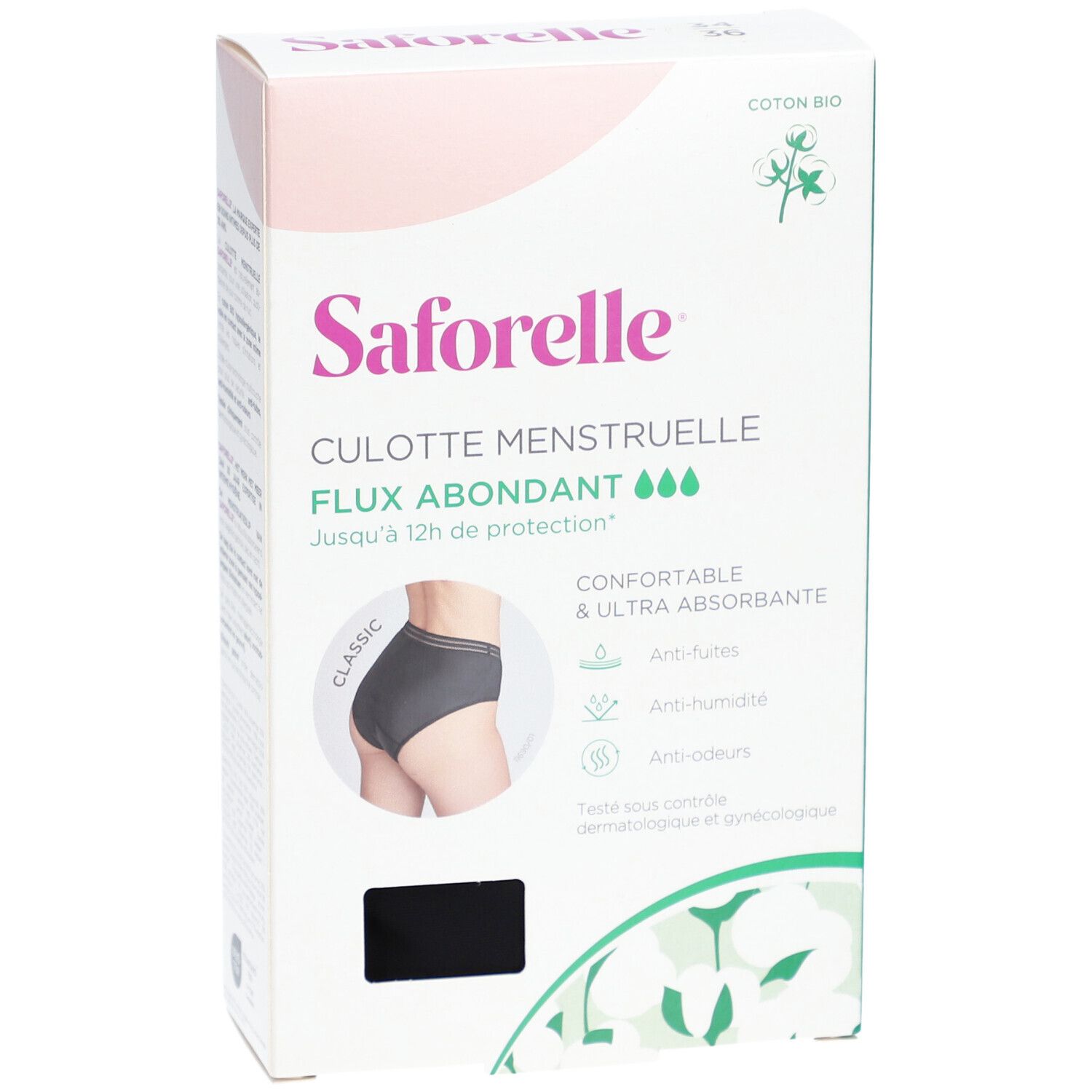 Boîte de culotte menstruelle noire Saforelle. Inscription: Culotte Menstruelle, Flux abondant. Coton bio.