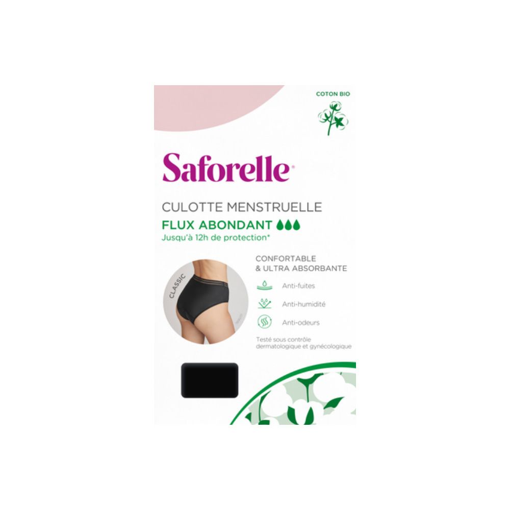 Boîte SAFORELLE Culotte menstruelle. Culotte noire sur l'emballage. Coton bio.