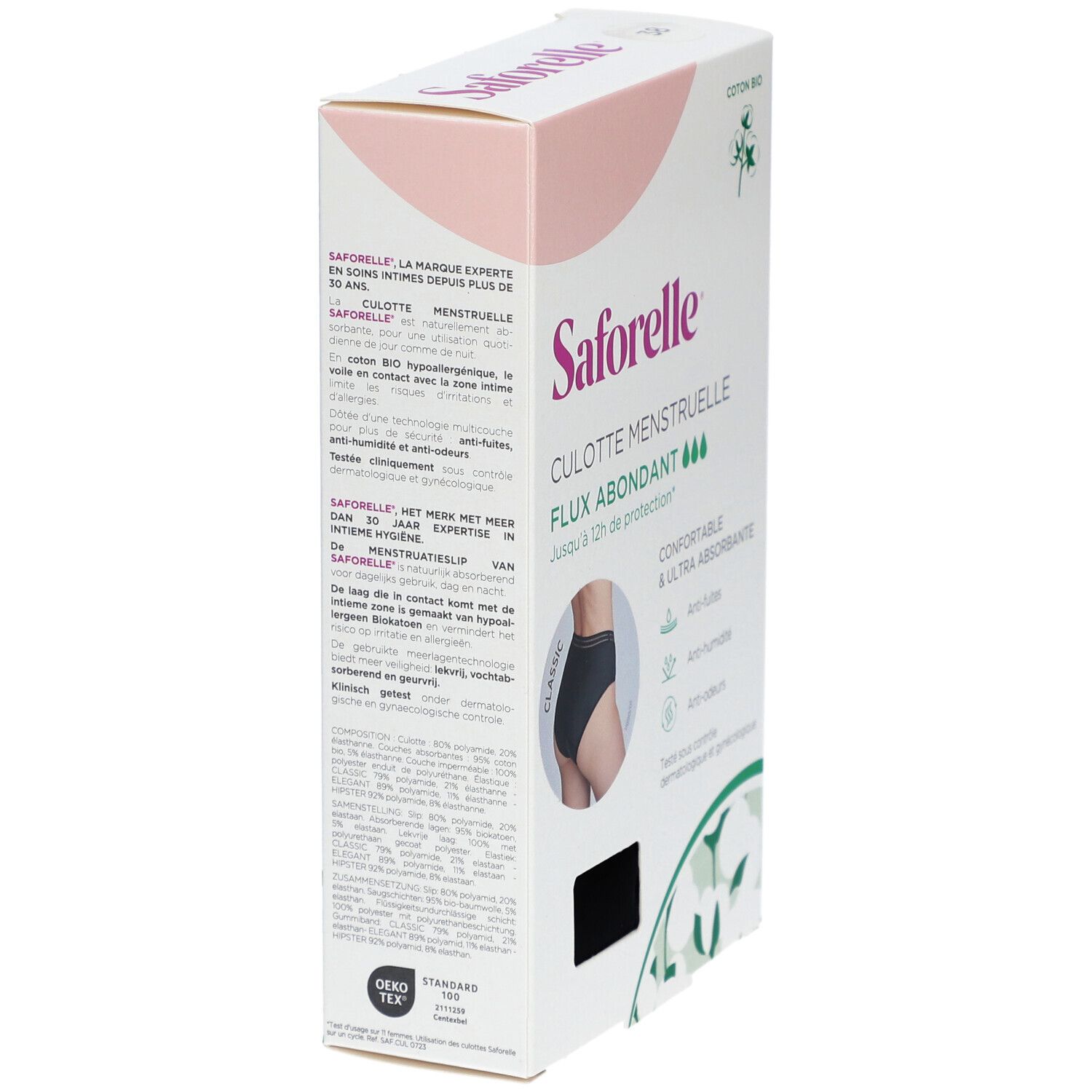 Boîte SAFORELLE Culotte menstruelle, vue latérale. Texte et image du produit. Oeko-Tex Standard 100.