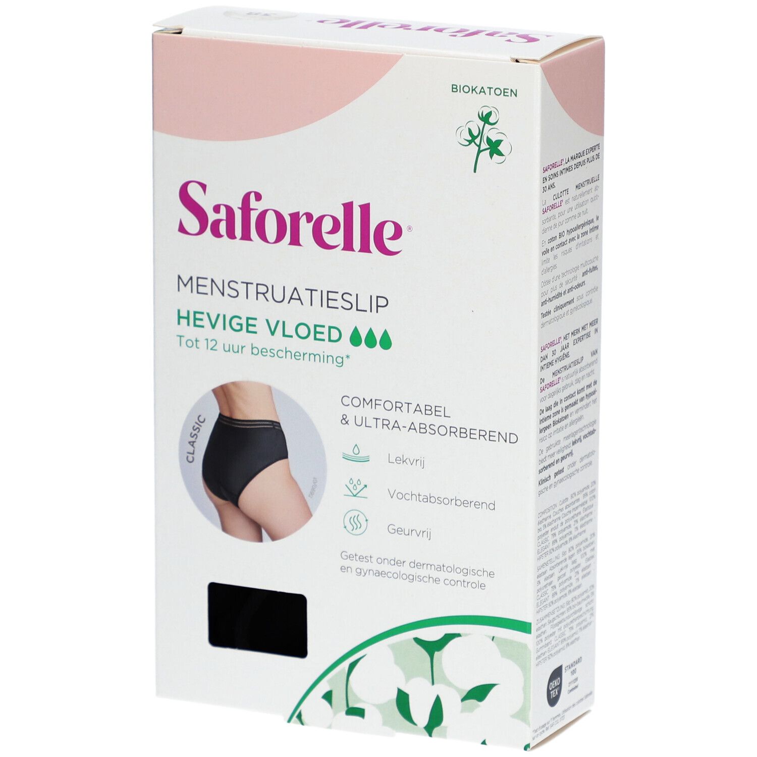 Boîte SAFORELLE Culotte menstruelle. Culotte noire sur l'emballage. Biokatoen.
