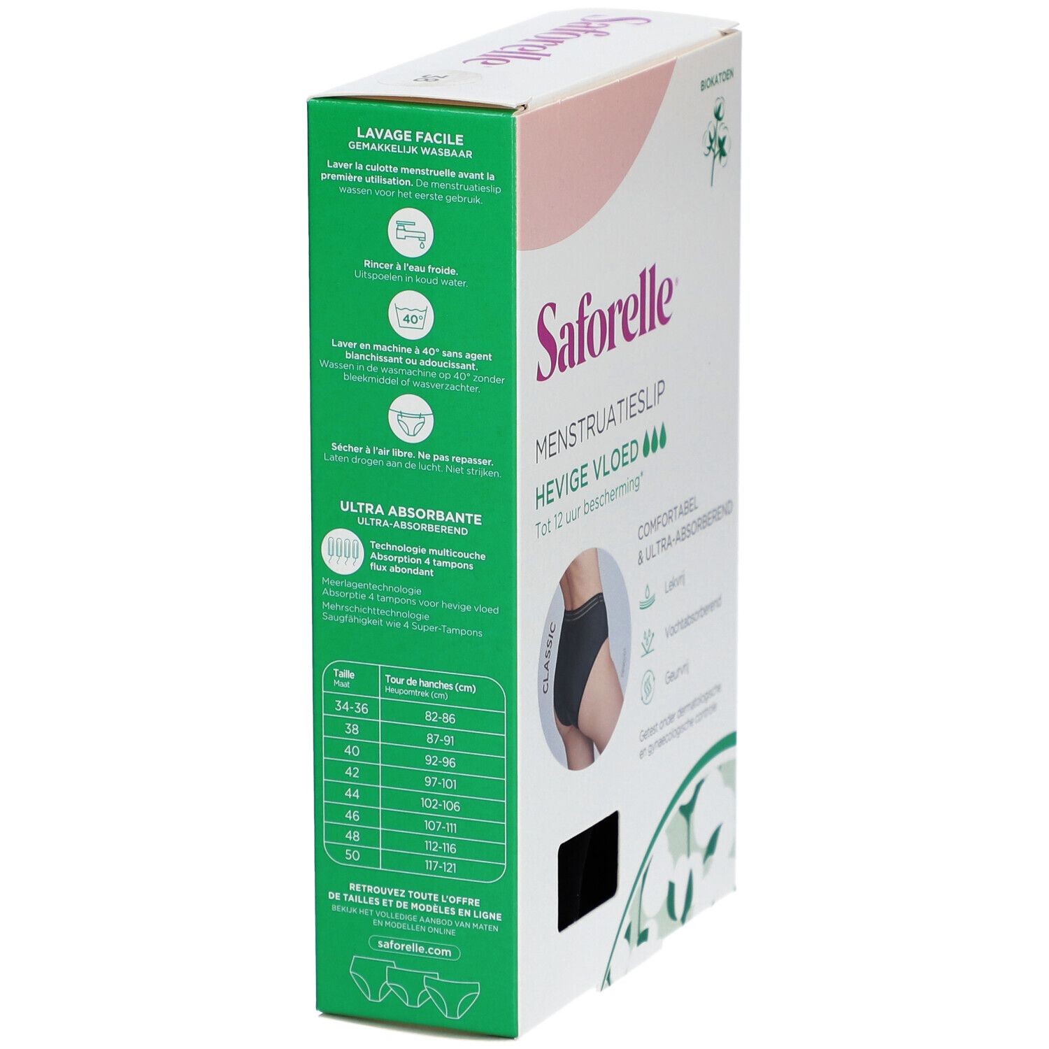 Boîte SAFORELLE Culotte menstruelle. Dos avec instructions de lavage et tableau des tailles. Taille 38.