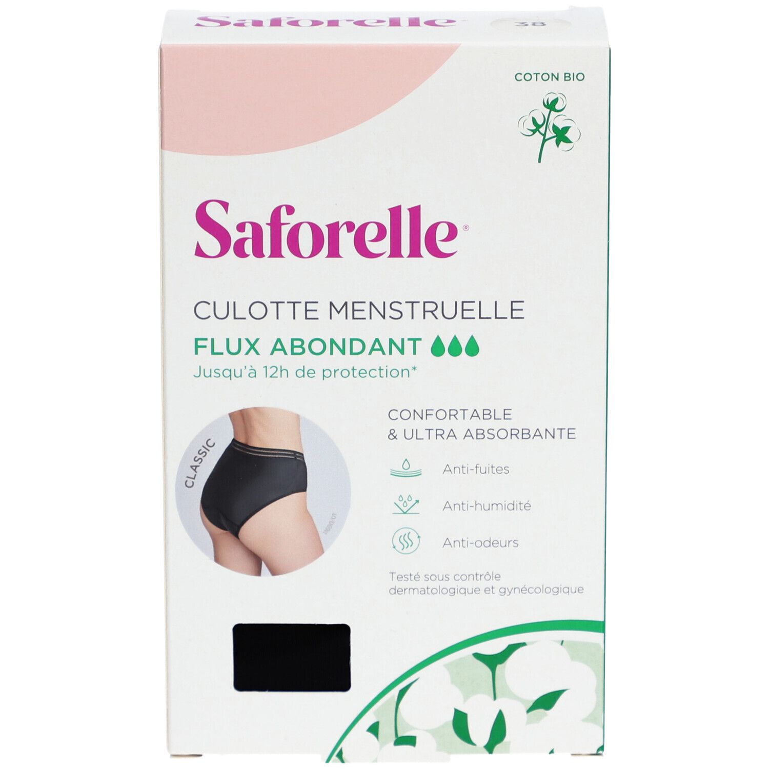 Boîte SAFORELLE Culotte menstruelle. Culotte noire sur l'emballage. Coton bio.