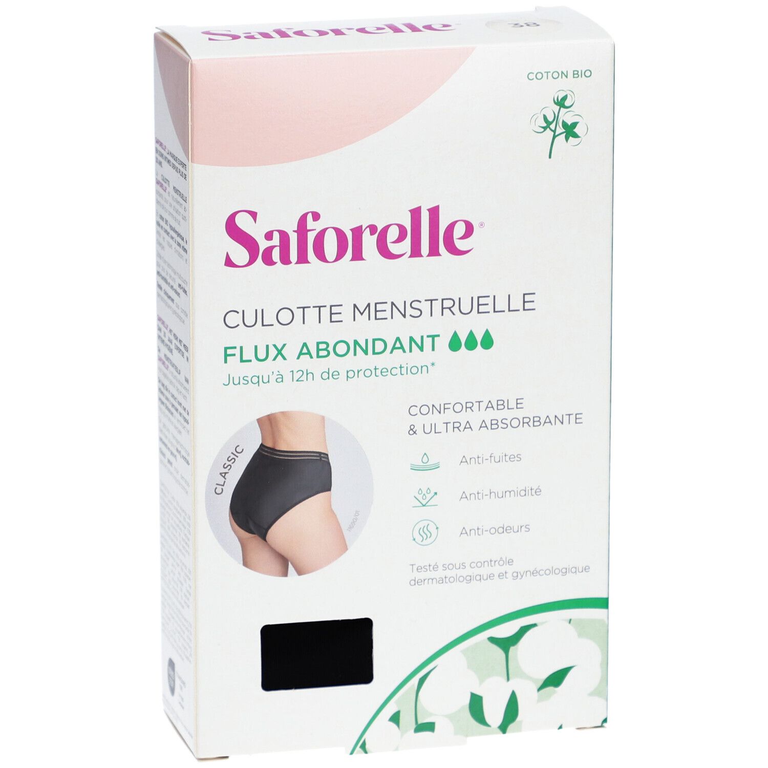 Boîte SAFORELLE Culotte menstruelle. Culotte noire sur l'emballage. Coton bio.