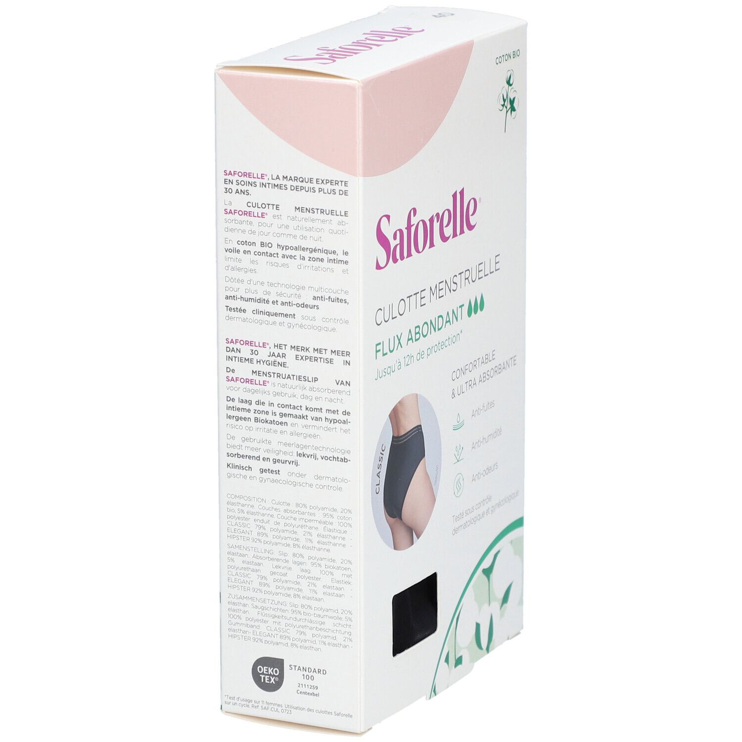 Verpackung Saforelle Menstruations-Slip. Text auf Französisch und Niederländisch. Abbildung einer schwarzen Unterhose. Oeko-Tex-Zertifizierung.