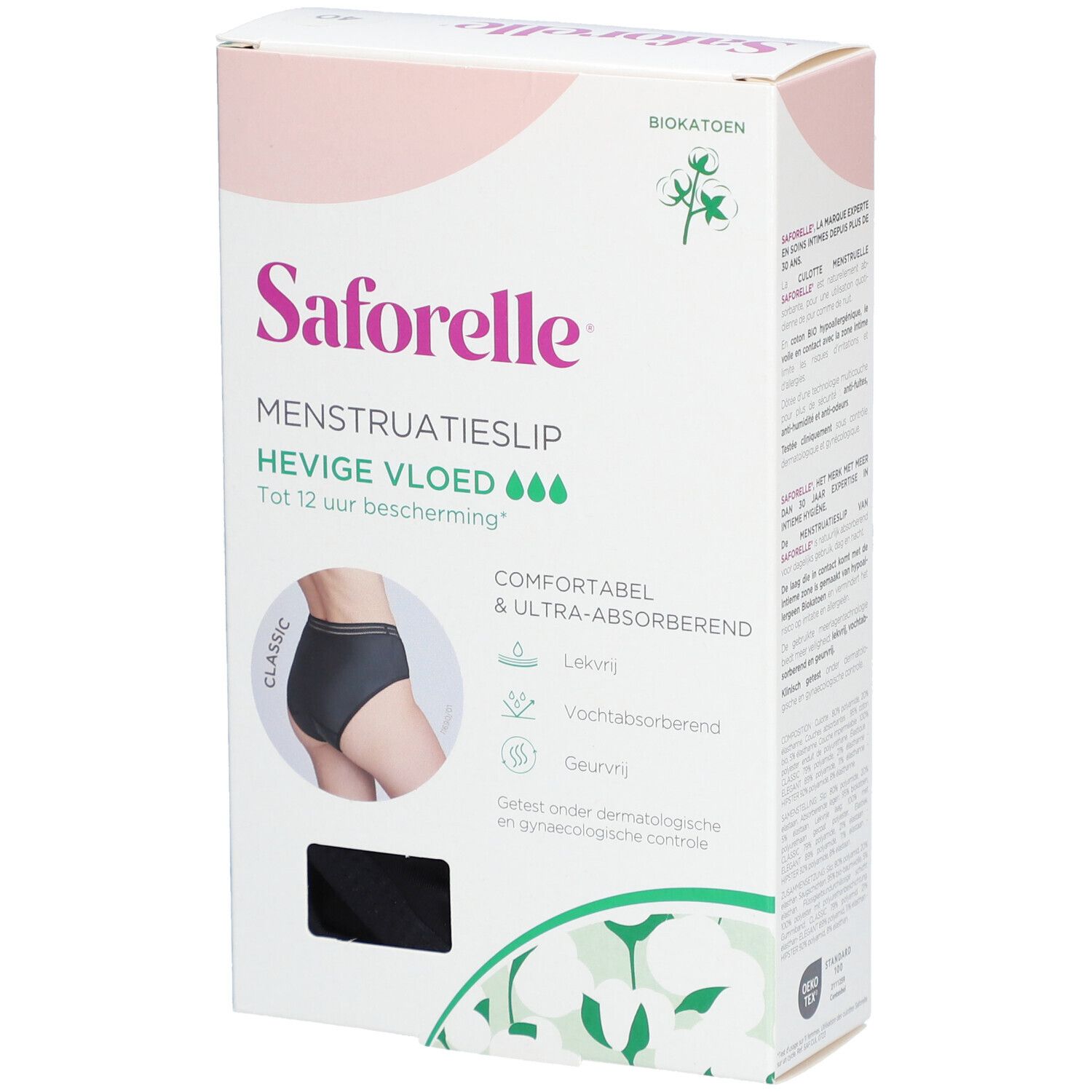 Verpackung Saforelle Menstruations-Slip. Aufdruck: MENSTRUATIESLIP HEVIGE VLOED. Abbildung einer schwarzen Unterhose. Bio-Baumwolle.